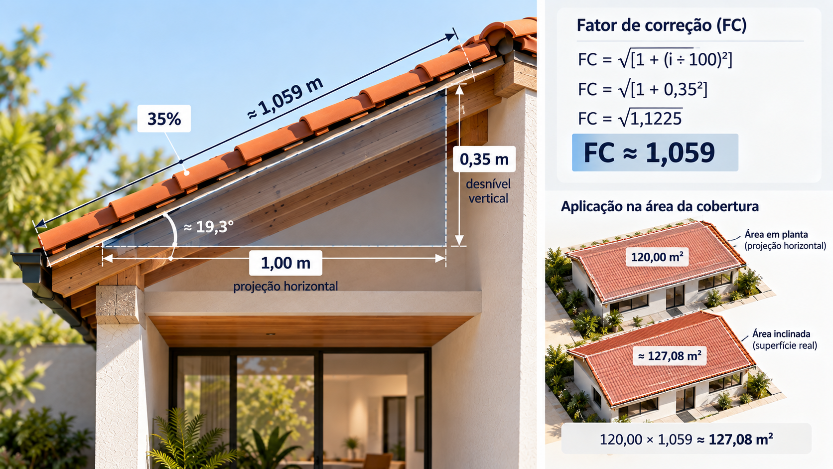 Como calcular a quantidade de telhas de um telhado: passo a passo e exemplos 4 Fator de correção do telhado com 1 metro de projeção, inclinação de 35 por cento e comprimento inclinado de aproximadamente 1,059 metro
