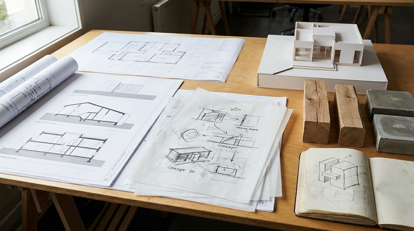 Mesa de estudante de Arquitetura com planta, maquete, materiais e notebook