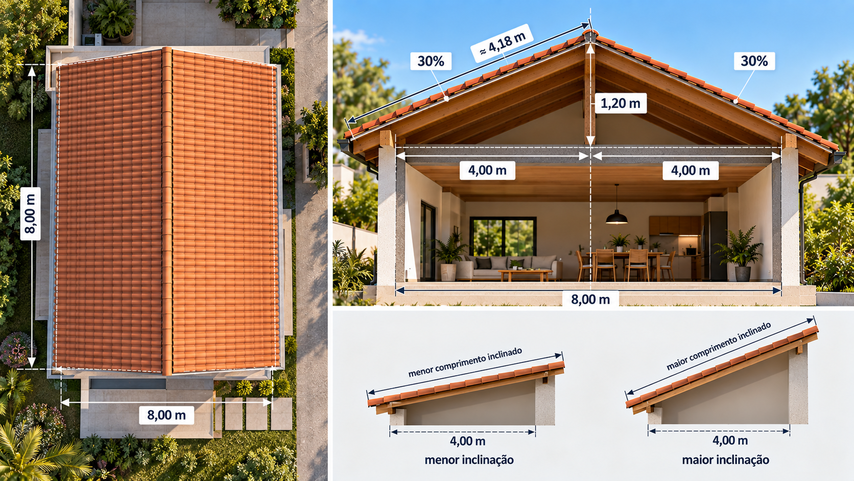 Comparação entre a projeção horizontal do telhado e a área real das superfícies inclinadas cobertas por telhas