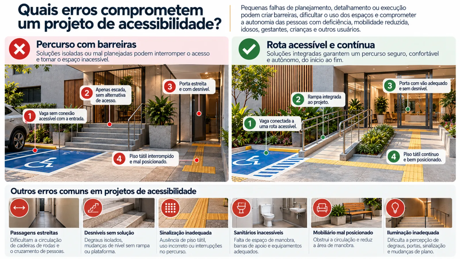 Checklist ilustrado para revisão de projeto de acessibilidade, organizado em diagnóstico, desenvolvimento e validação.