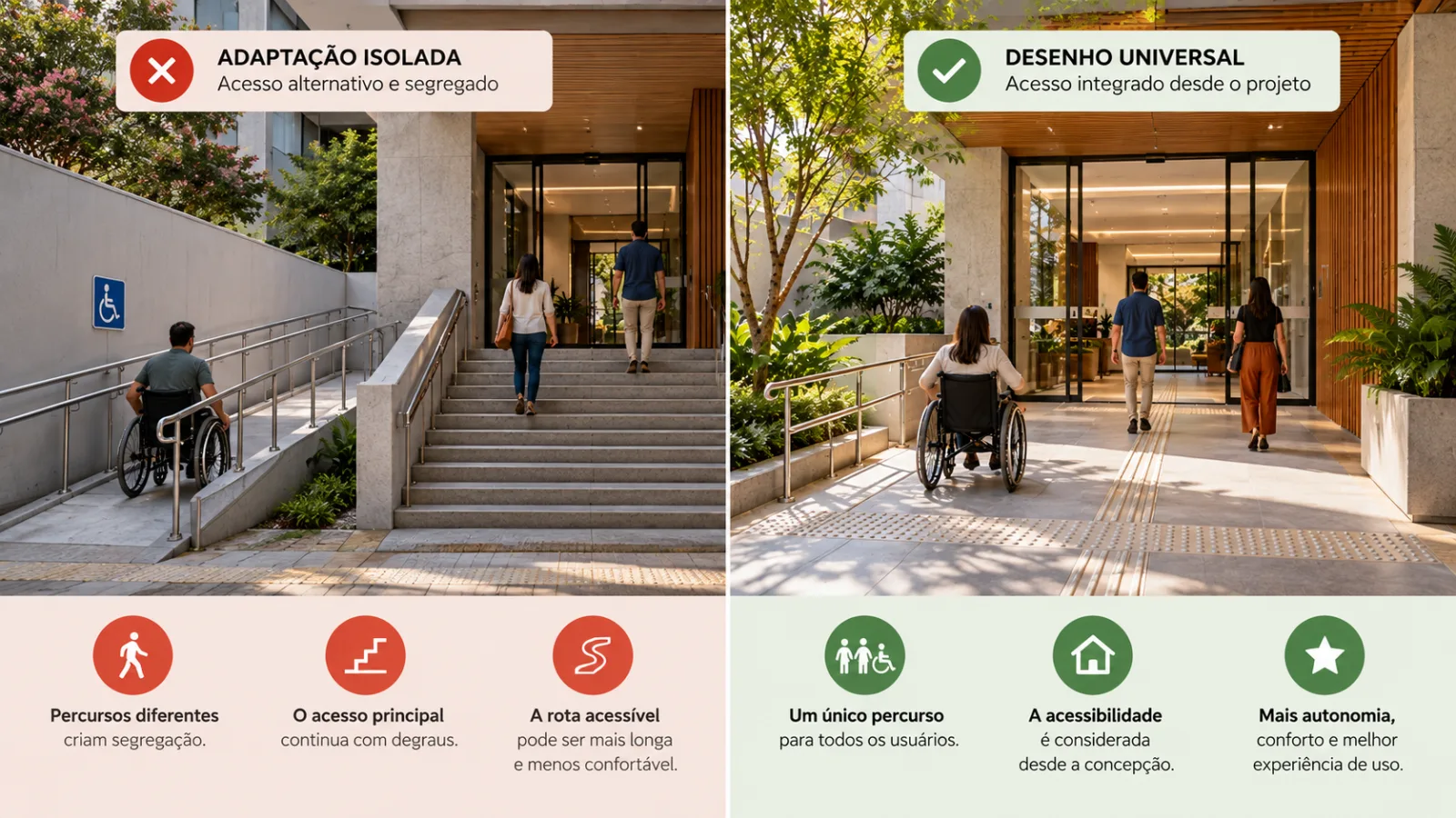 Comparação ilustrativa entre entrada com rampa lateral separada da escada principal e entrada com percurso acessível integrado para diferentes usuários.