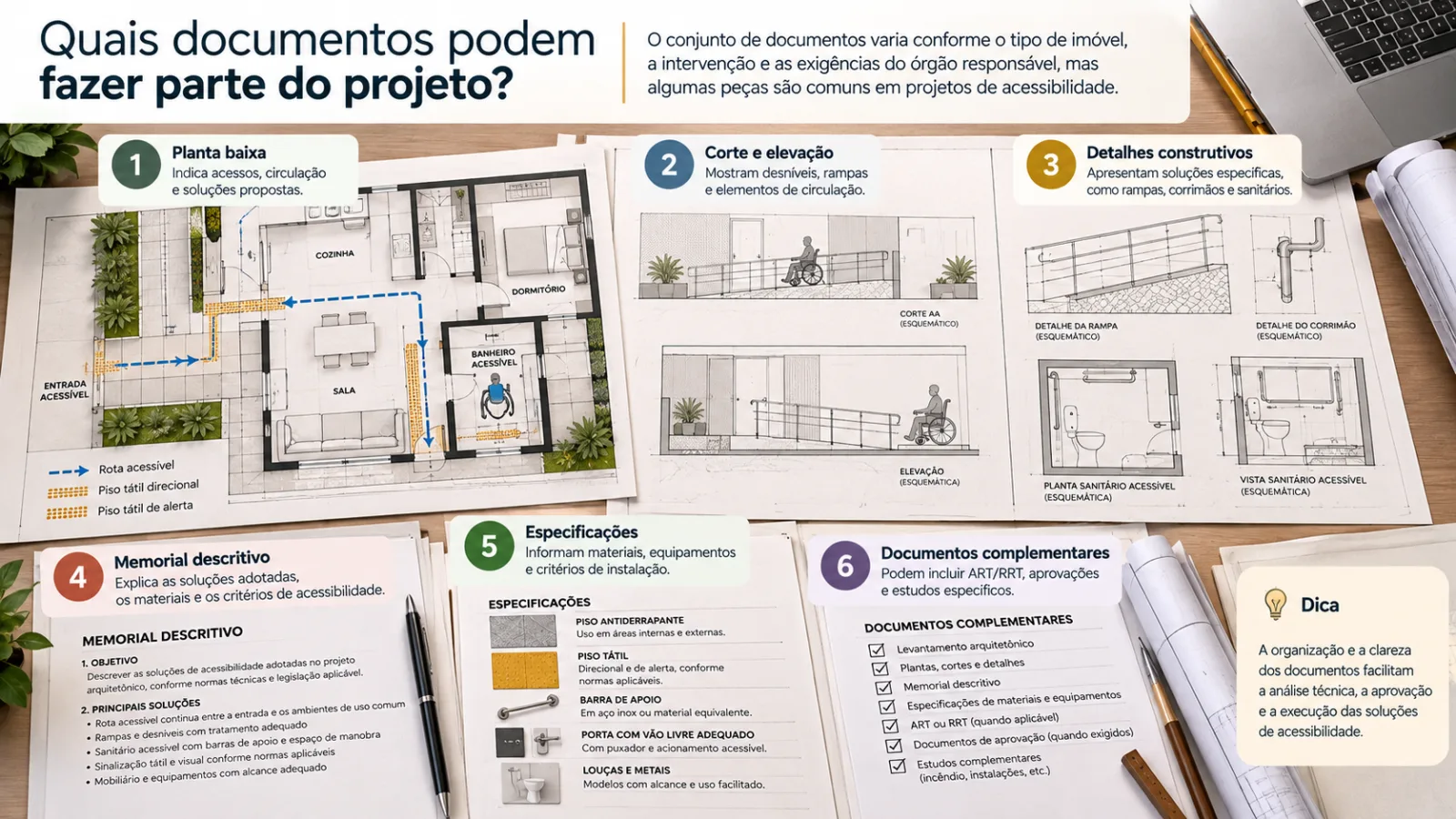 Prancha ilustrativa de projeto de acessibilidade com planta arquitetônica, corte, detalhes construtivos e memorial descritivo.