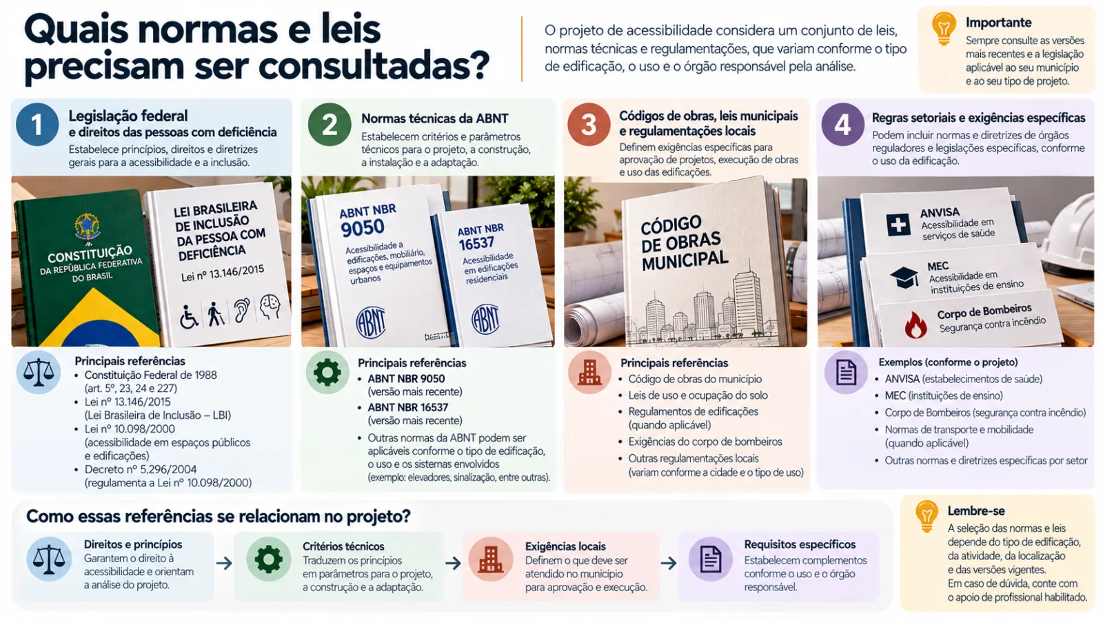 Diagrama das quatro categorias de referências para projetos de acessibilidade: legislação federal, normas técnicas, regulamentações locais e exigências específicas.