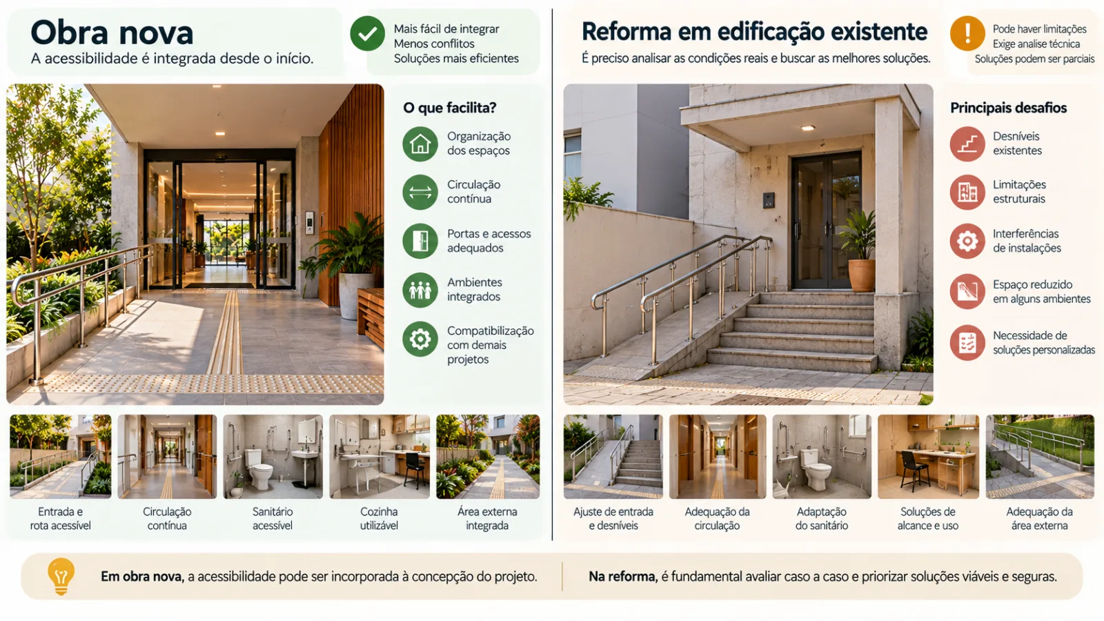 Infográfico comparando o planejamento de acessibilidade em obra nova com os desafios de adaptação de uma edificação existente.