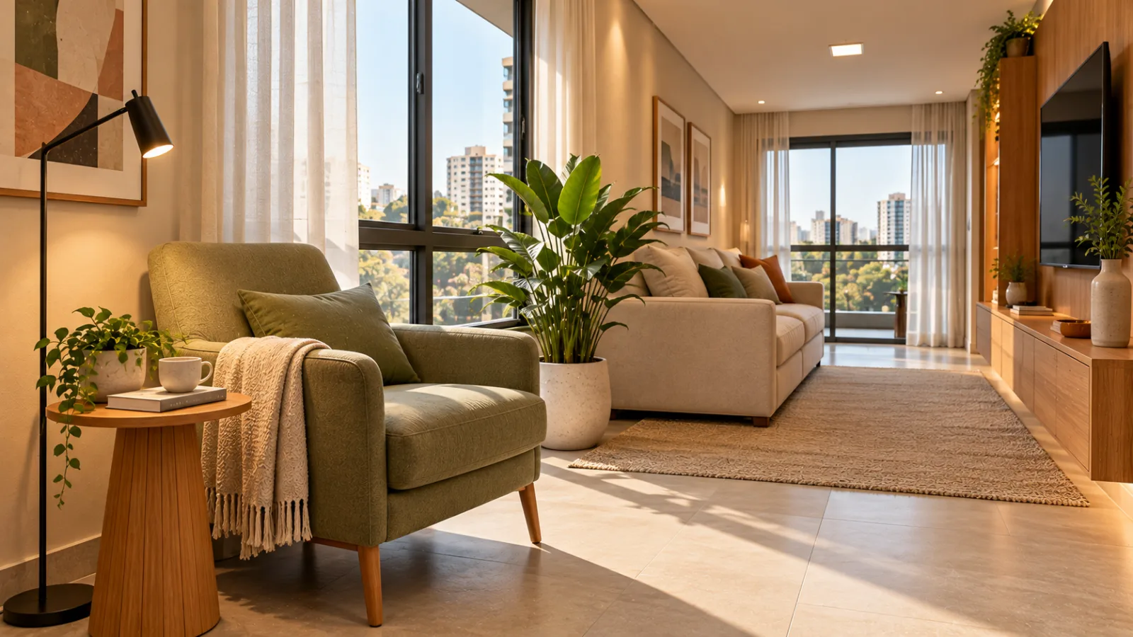 Sala de estar retangular: 6 dicas para decorar e distribuir os móveis 3 Canto de leitura em sala de estar retangular com poltrona verde-sálvia, luminária de piso, mesa lateral de madeira e janela com cortina clara.