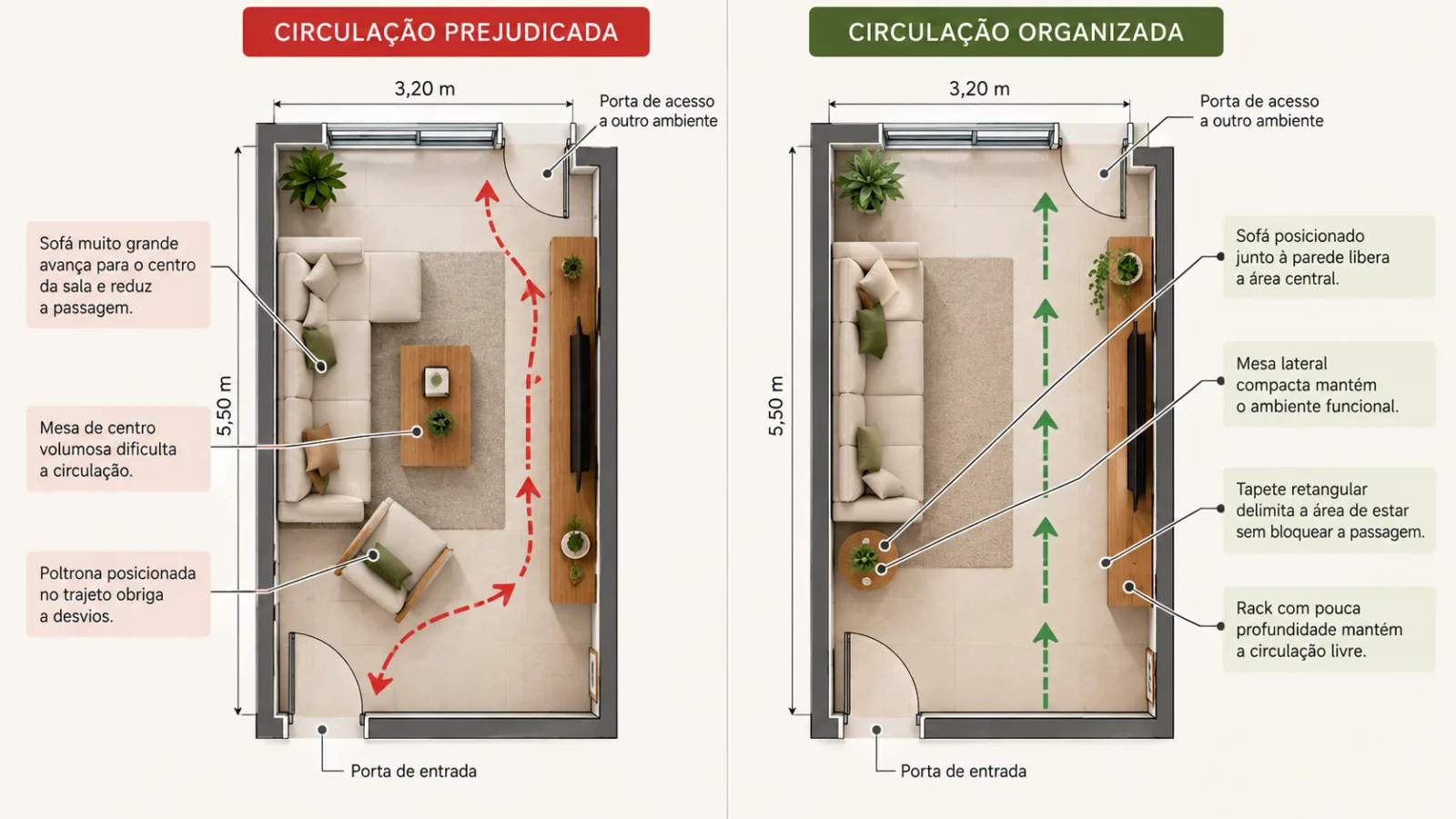 Sala de estar retangular: 6 dicas para decorar e distribuir os móveis 2 Duas plantas baixas comparativas de uma sala retangular, mostrando circulação prejudicada por móveis volumosos e layout funcional com passagem livre.