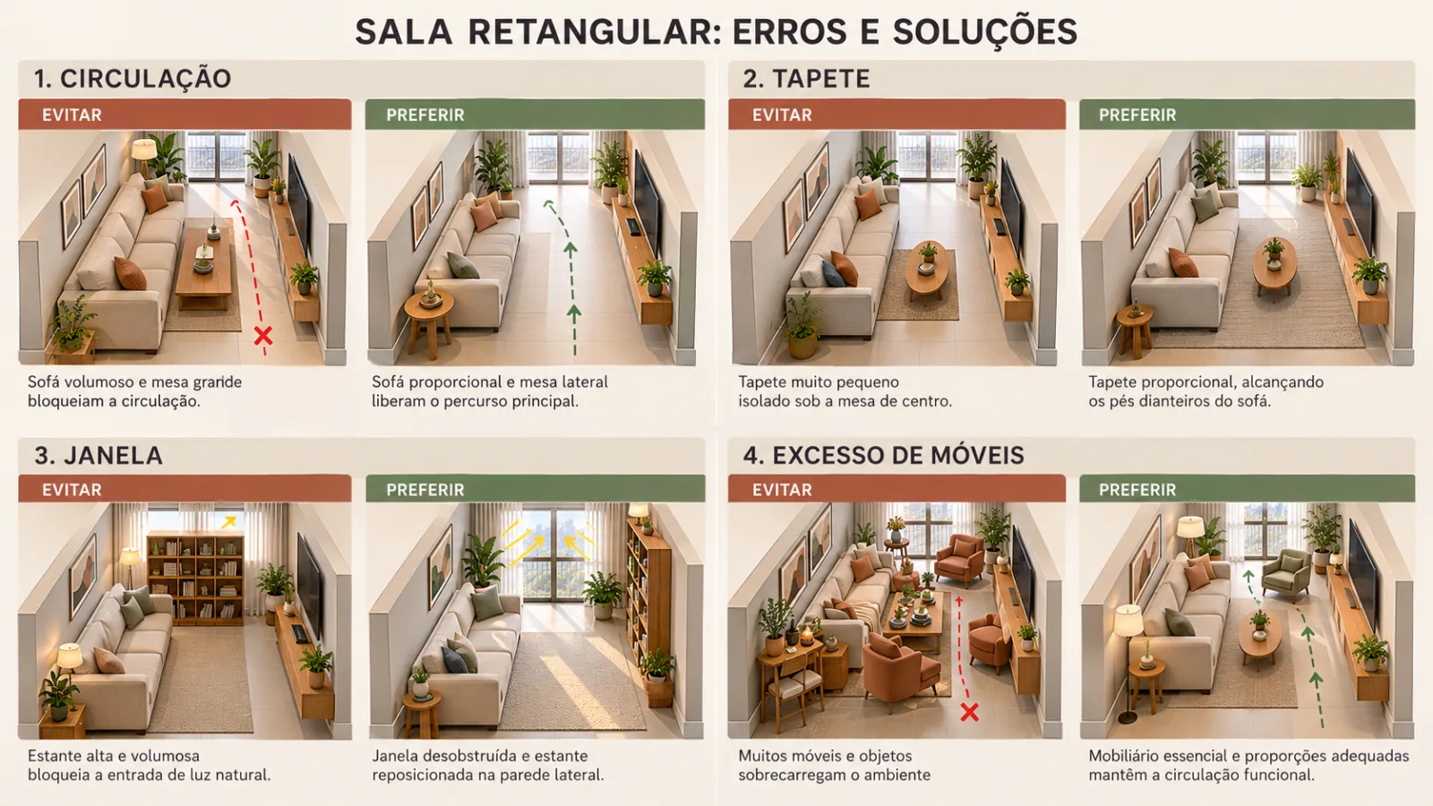 Sala de estar retangular: 6 dicas para decorar e distribuir os móveis 12 Infográfico com quatro erros comuns ao decorar salas retangulares e suas soluções: circulação bloqueada, tapete pequeno, janela obstruída e excesso de móveis.