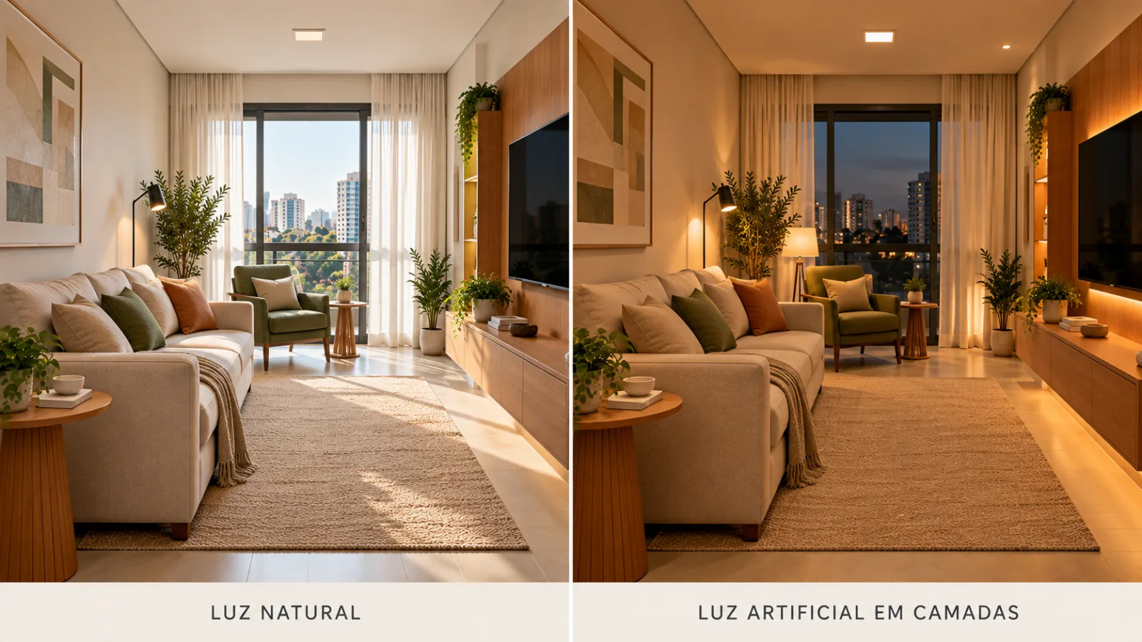 Sala de estar retangular: 6 dicas para decorar e distribuir os móveis 6 Comparação da mesma sala de estar retangular durante o dia, com iluminação natural, e à noite, com iluminação geral, luminária de leitura e luz indireta.