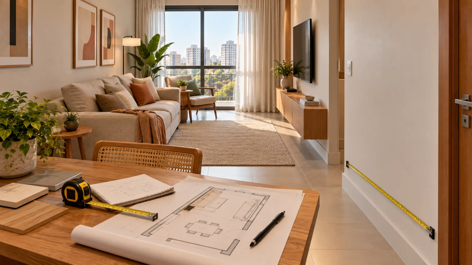 Sala de estar retangular: 6 dicas para decorar e distribuir os móveis 1 Sala de estar retangular em fase de planejamento, com sofá bege, trena, planta baixa e anotações para organizar os móveis.