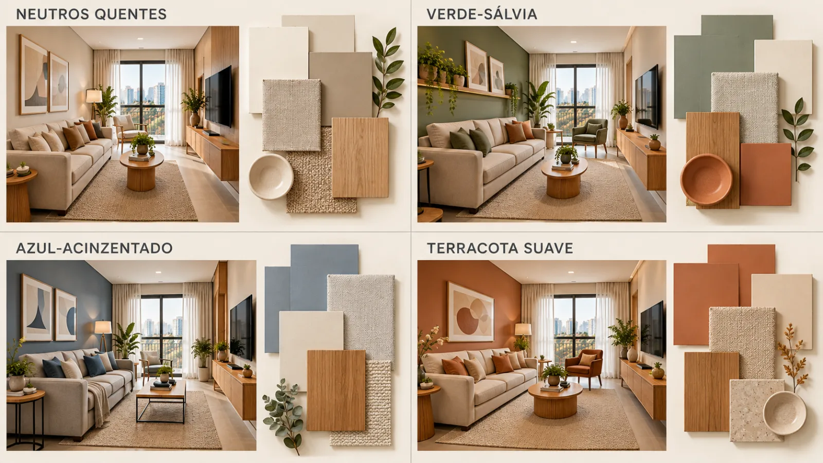 Sala de estar retangular: 6 dicas para decorar e distribuir os móveis 9 Moodboard com quatro paletas de cores para sala de estar retangular: neutros quentes, verde-sálvia, azul-acinzentado e terracota suave.