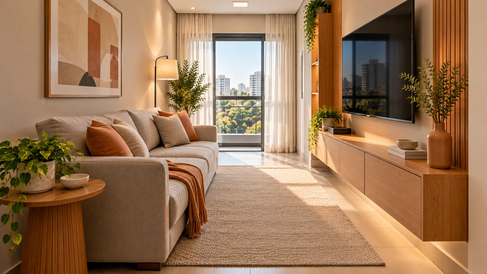 Sala de estar retangular: 6 dicas para decorar e distribuir os móveis 8 Sala de estar retangular estreita com sofá reto cinza-bege, televisão na parede oposta, rack suspenso de madeira e móveis compactos.