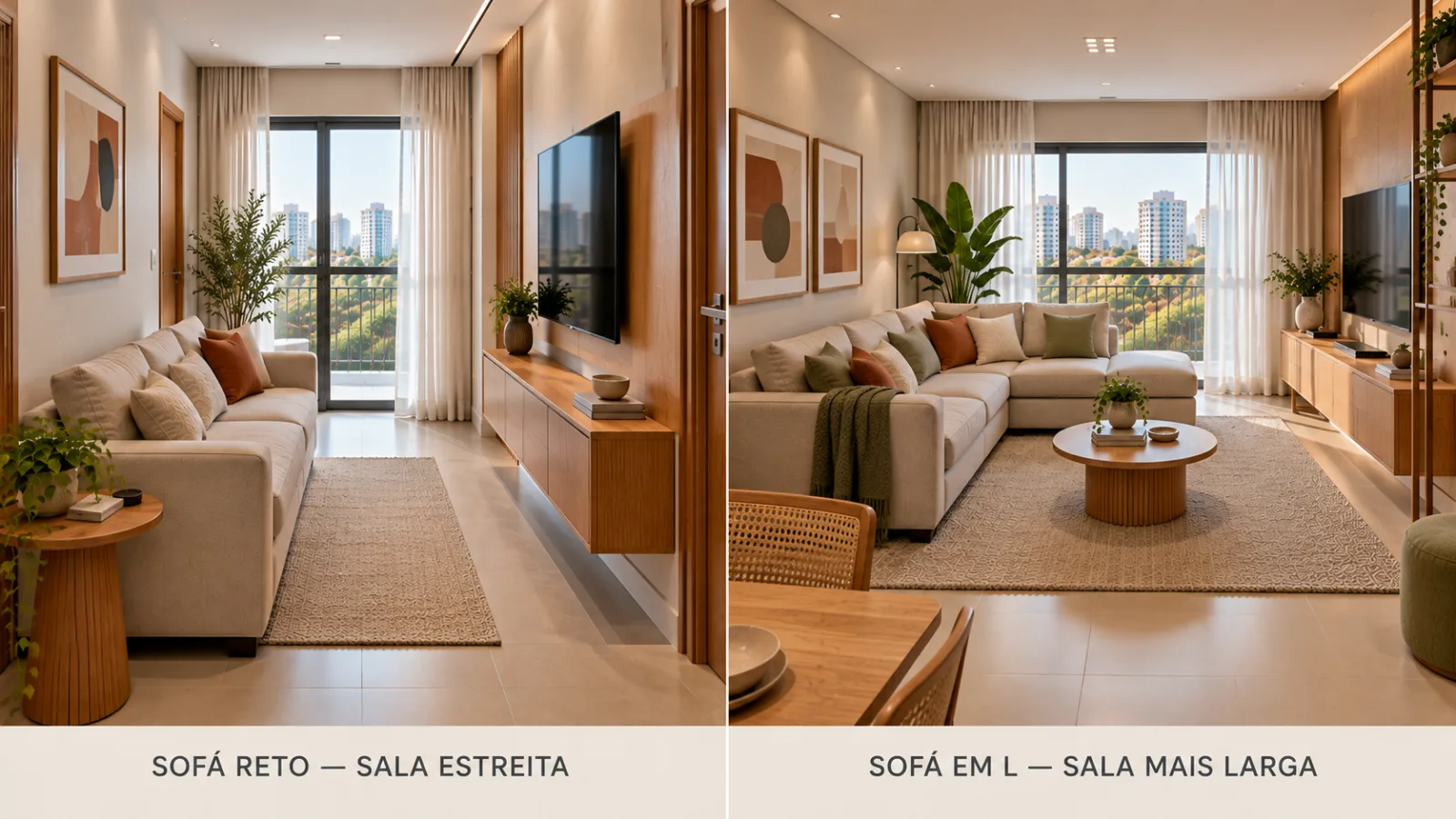 Sala de estar retangular: 6 dicas para decorar e distribuir os móveis 7 Comparação entre sala retangular estreita com sofá reto e sala retangular mais larga com sofá em L, mostrando duas soluções de distribuição dos móveis.