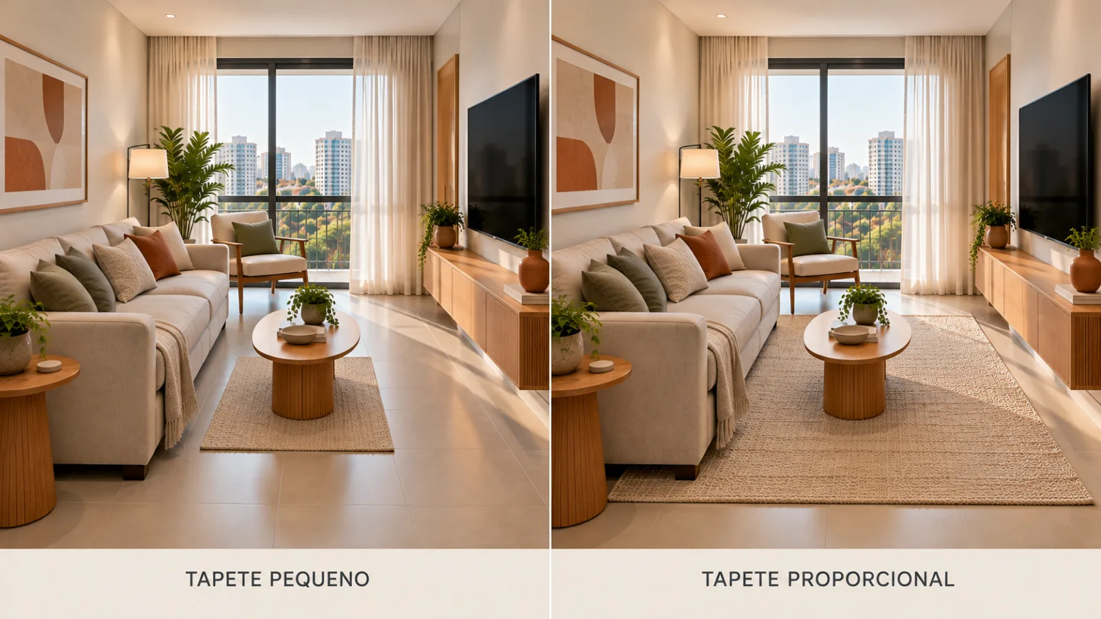 Sala de estar retangular: 6 dicas para decorar e distribuir os móveis 4 Comparação de uma sala de estar retangular com tapete pequeno e tapete proporcional, mostrando a diferença na integração visual entre sofá e mesa de centro.