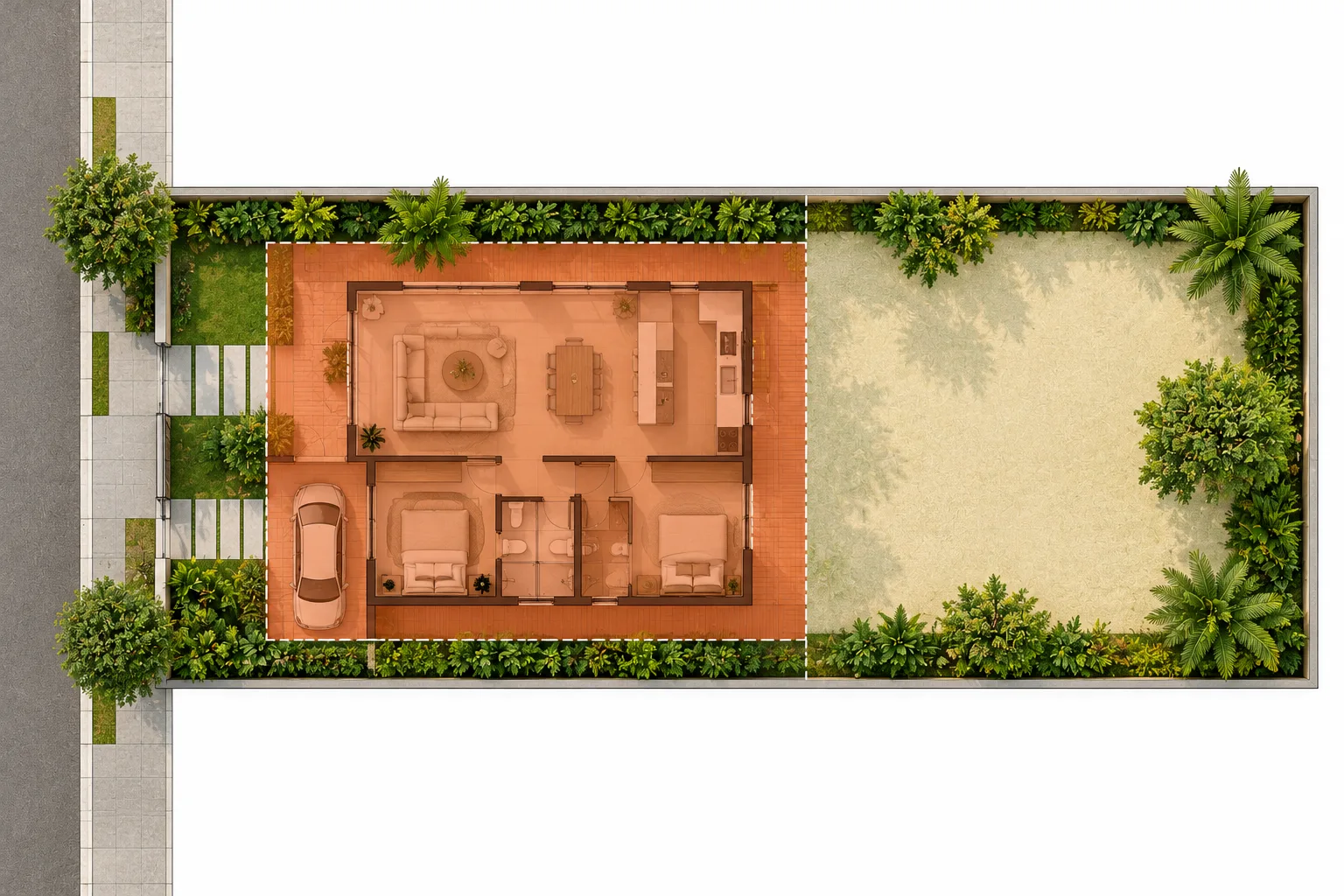 Taxa de Ocupação e Índice de Aproveitamento - Como calcular no seu projeto? 1 Diagrama de terreno de 300 metros quadrados com projeção considerada de 150 metros quadrados e taxa de ocupação de 50%.