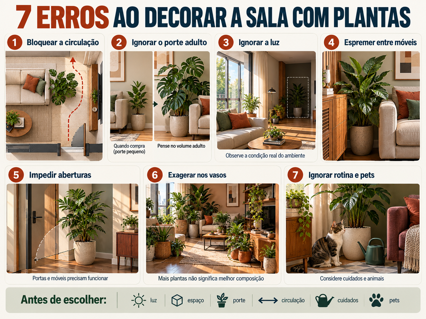 Infográfico com sete erros ao posicionar plantas na sala, incluindo circulação bloqueada, pouca luz e interferência com móveis