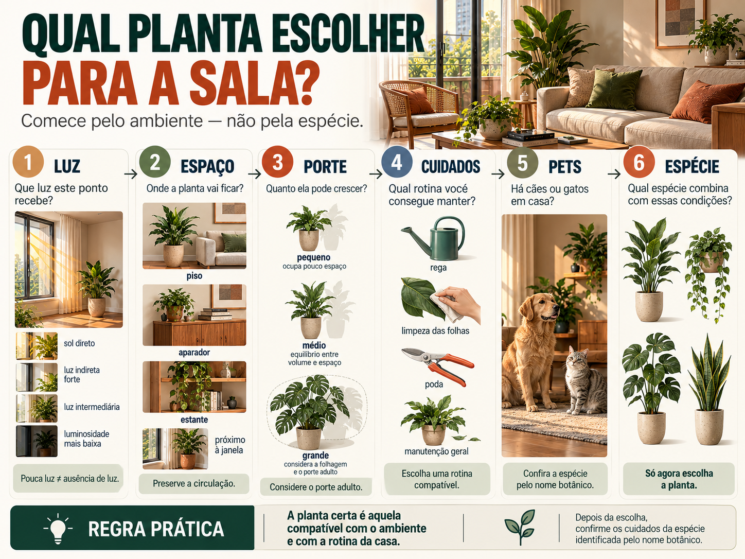 Fluxograma para escolher plantas para sala considerando luz, espaço, porte, cuidados, pets e espécie