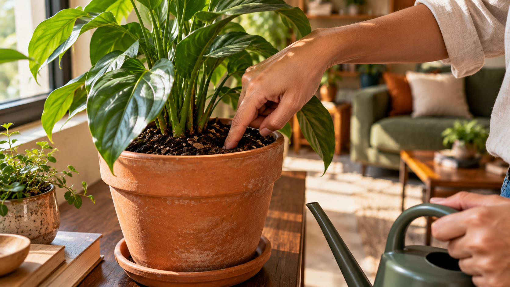 Pessoa verificando a umidade do substrato de uma planta em vaso com furo de drenagem antes da rega