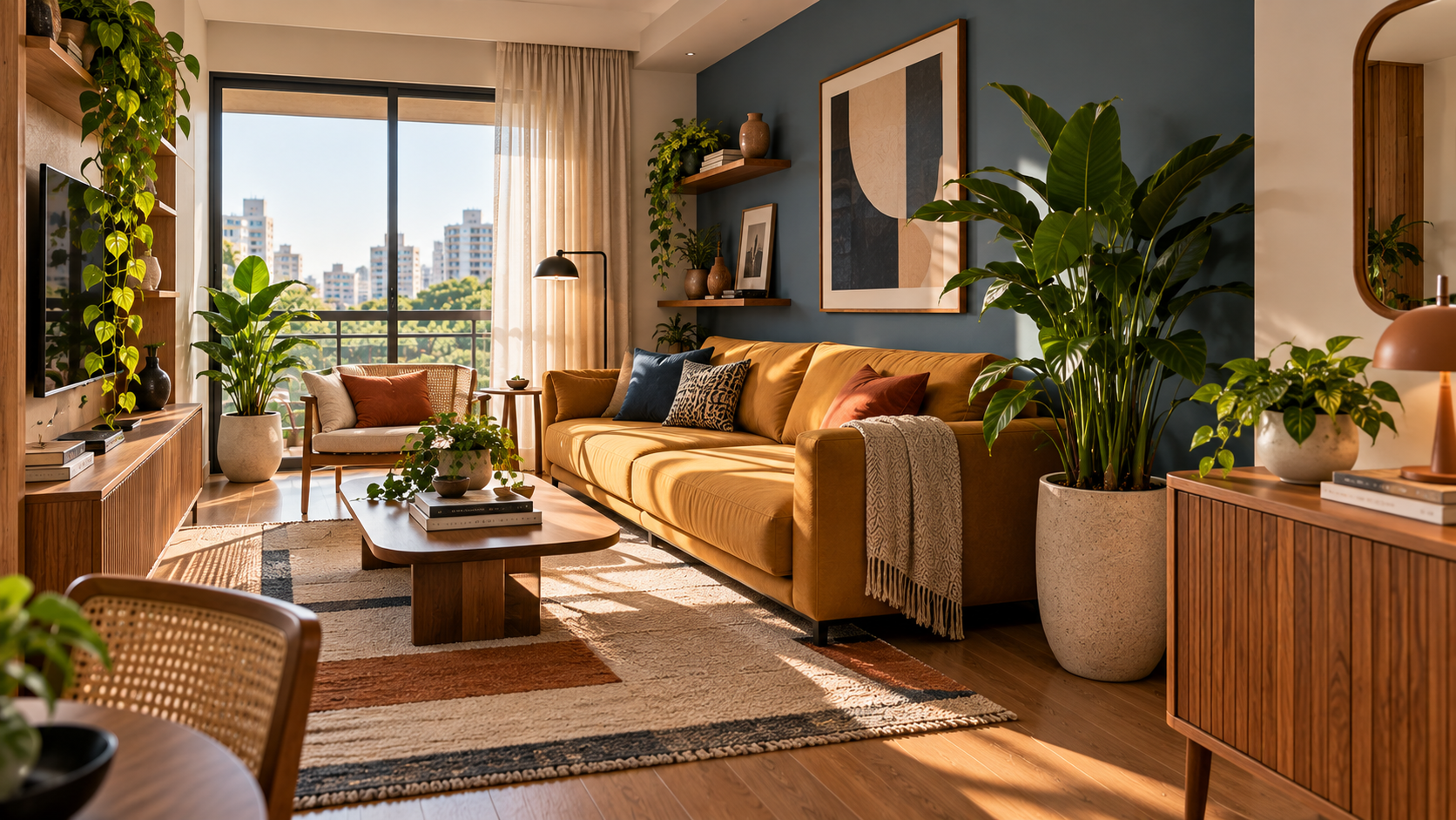 Sala de estar com plantas posicionadas ao lado do sofá, no aparador, na estante e próximo à janela