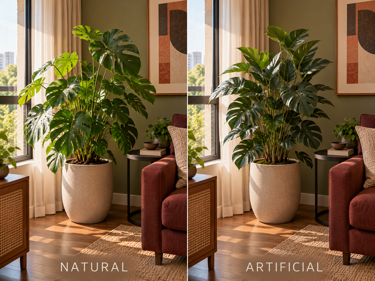 Comparação do mesmo canto de sala com planta natural e planta artificial em condições equivalentes
