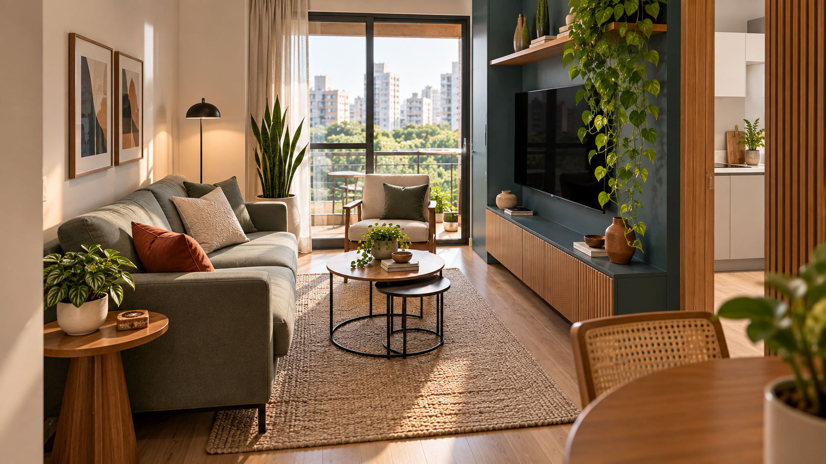 Sala pequena com jiboia em estante, peperômia sobre móvel e planta vertical sem bloquear a circulação