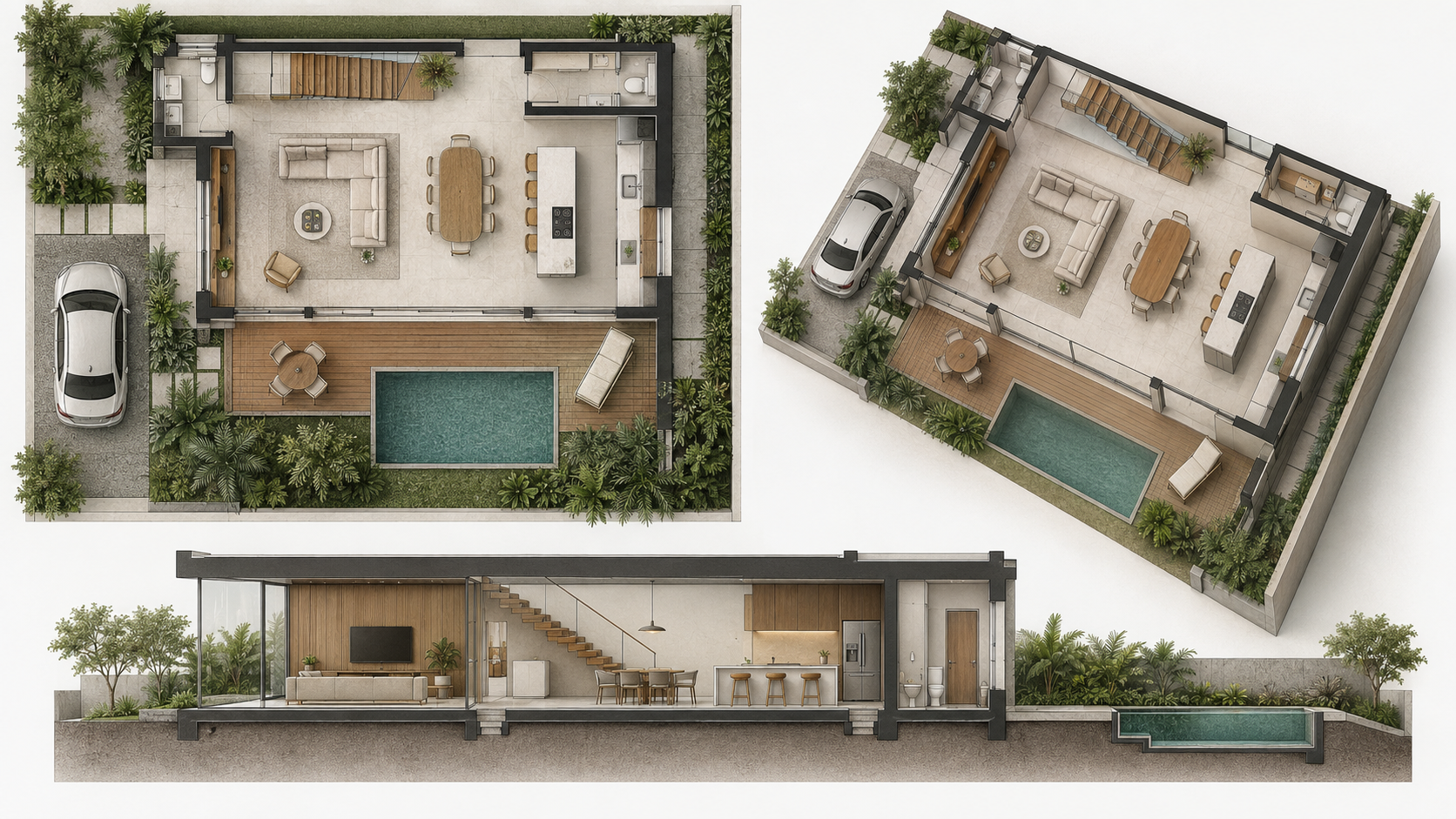 Projeto BIM com planta, corte e modelo tridimensional coordenados