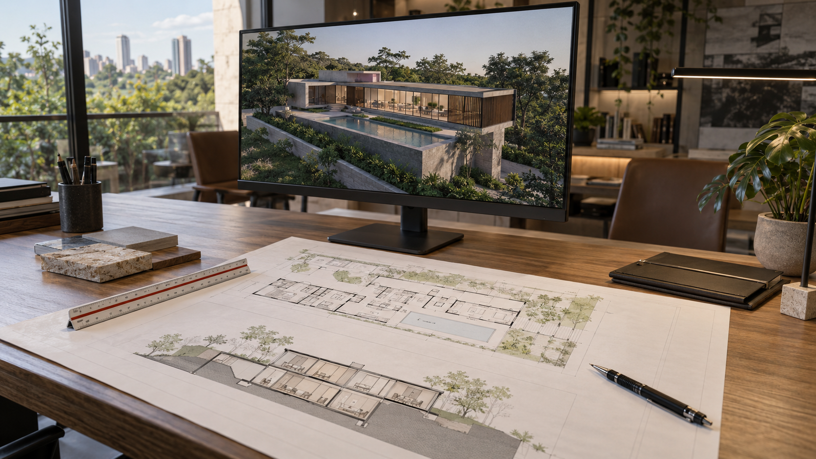 Projeto arquitetônico com modelo BIM e documentação técnica coordenada