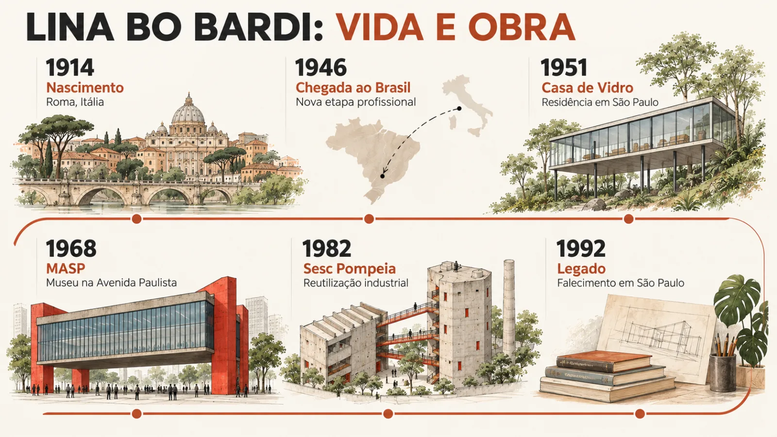 Lina Bo Bardi: biografia, obras e legado na arquitetura 10 Linha do tempo de Lina Bo Bardi, de 1914 a 1992, com sua chegada ao Brasil e projetos como Casa de Vidro, MASP e Sesc Pompeia.