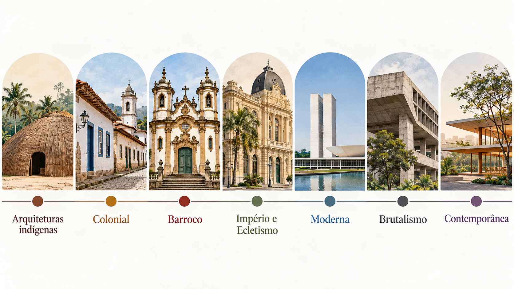 Linha do tempo visual da arquitetura brasileira com referências indígenas, coloniais, barrocas, ecléticas, modernas, brutalistas e contemporâneas