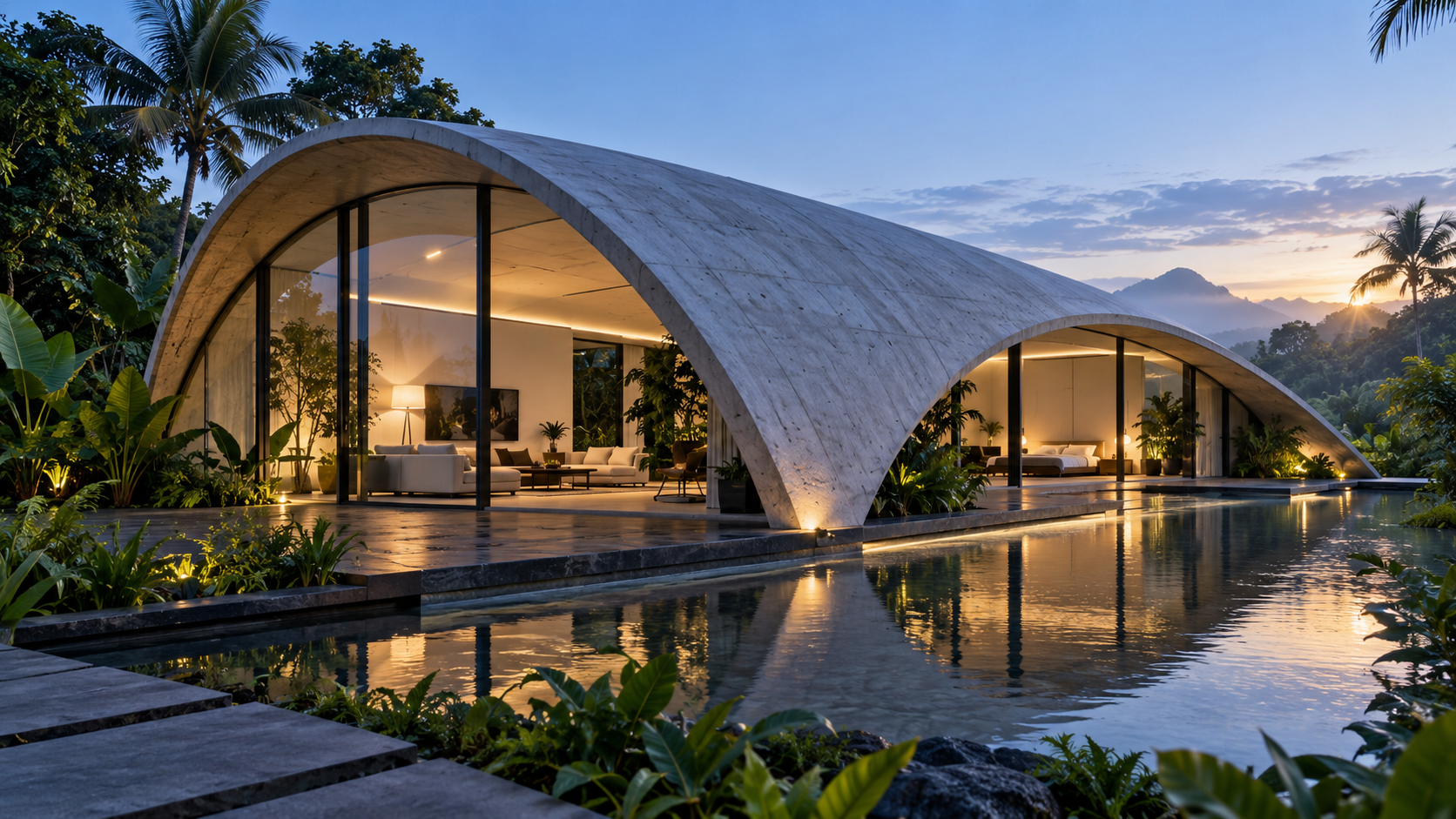 Abóbadas na arquitetura: o que são e quais são os principais tipos 9 Residência contemporânea com cobertura curva estrutural de concreto e grandes aberturas
