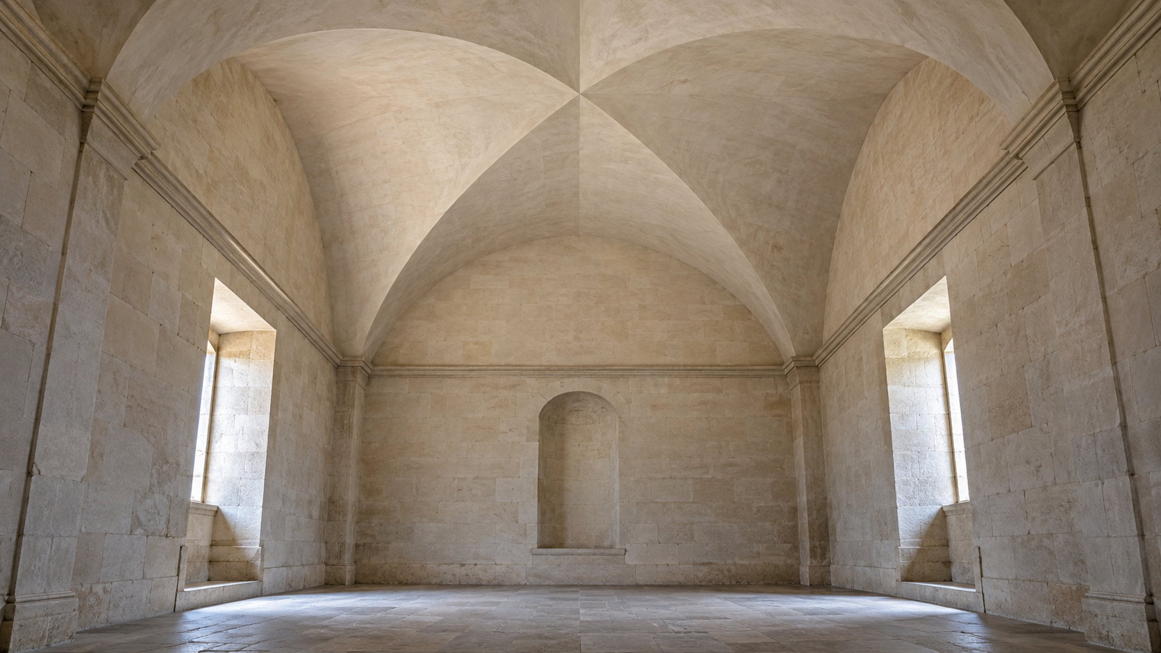 Interior arquitetônico com abóbada de claustro sobre espaço quadrado Interior arquitetônico com abóbada de claustro sobre espaço quadrado