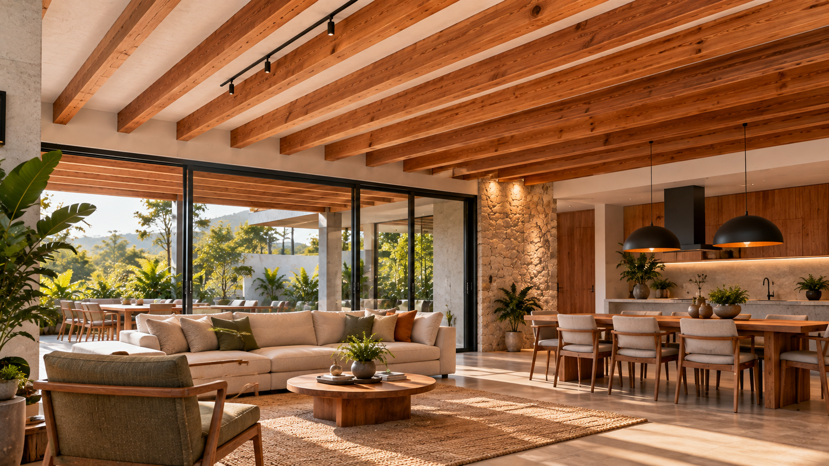 Barrote: o que é, para que serve e como utilizar na construção 9 Barrotes de madeira aparentes no teto de uma sala contemporânea