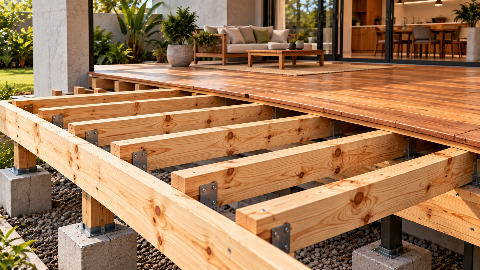 Barrote: o que é, para que serve e como utilizar na construção 6 Barrotes de pinus serrado utilizados em uma estrutura de piso elevado