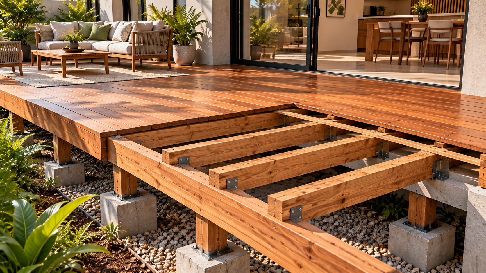Barrote: o que é, para que serve e como utilizar na construção 4 Barrotes de madeira formando a subestrutura de um deck residencial elevado