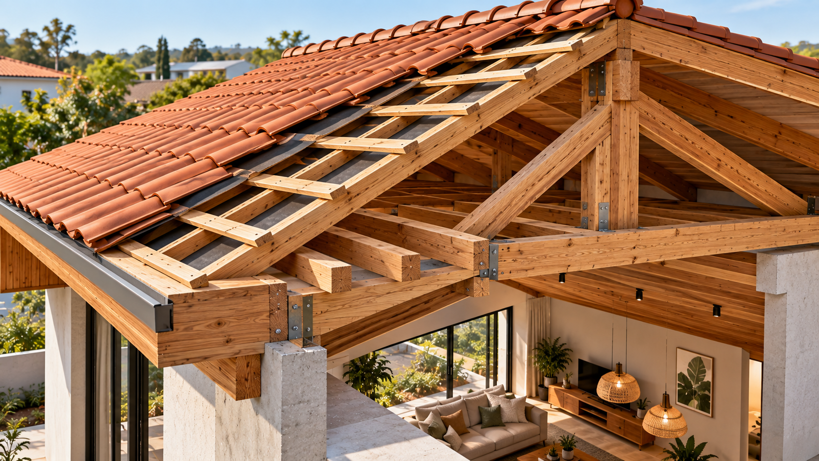 Barrote: o que é, para que serve e como utilizar na construção 3 Barrote integrado à estrutura de madeira de um telhado residencial