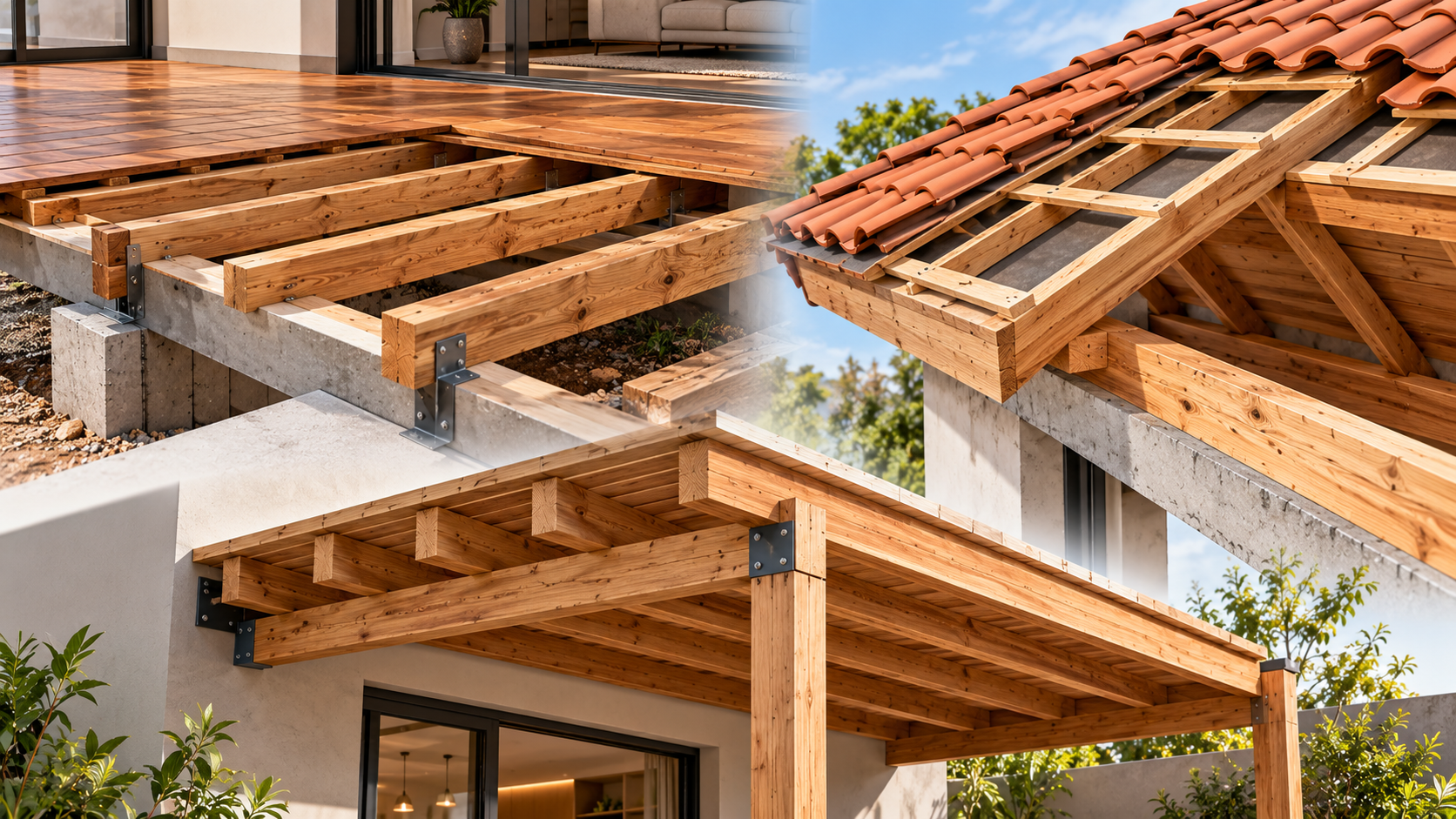 Barrote: o que é, para que serve e como utilizar na construção 2 Diferentes aplicações de barrotes de madeira em pisos, decks e coberturas