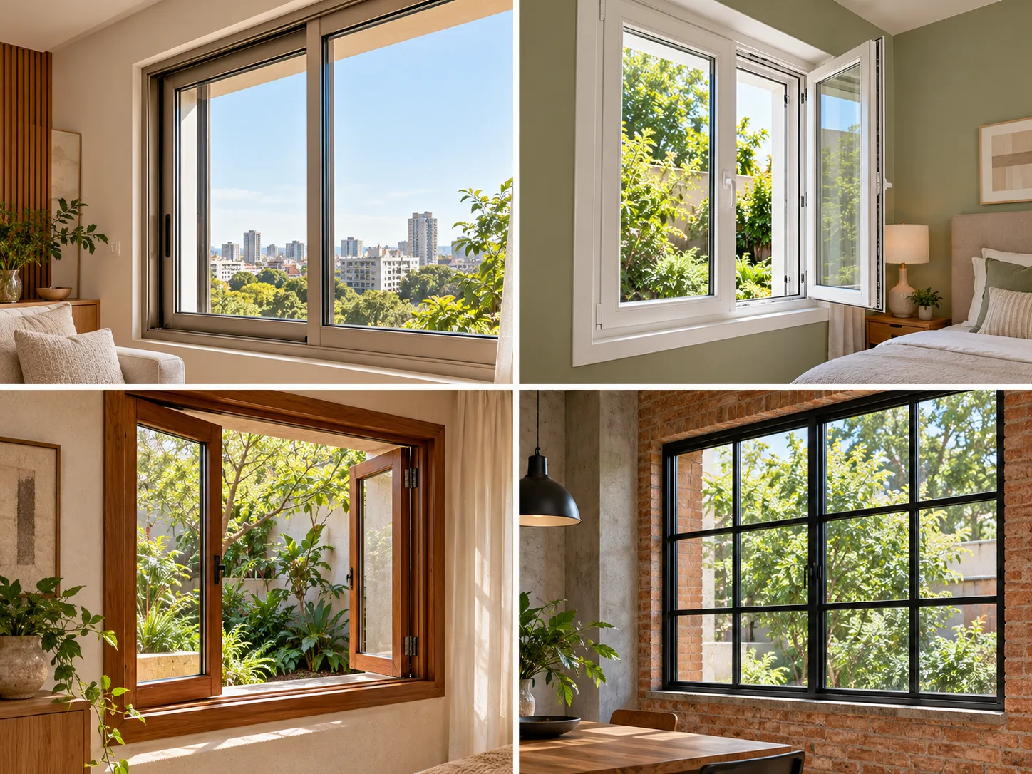 Comparação de caixilhos de alumínio champanhe, PVC branco, madeira natural e aço preto em quatro ambientes
