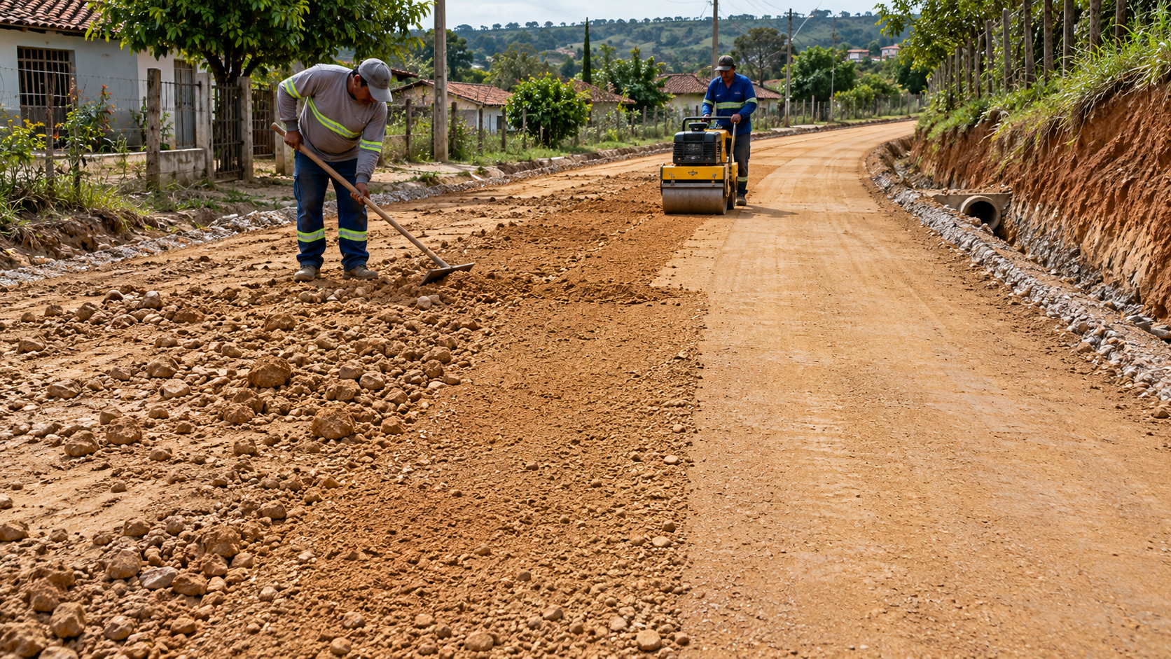Saibro: o que é, para que serve e onde é utilizado na construção 19 Compactação de camada de saibro em pavimentação não asfaltada