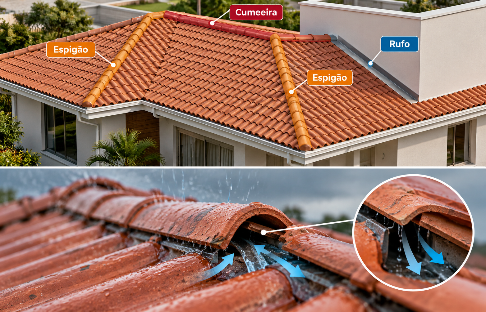 Cumeeira, espigão e rufo protegem encontros diferentes da cobertura. Diagrama de telhado indicando cumeeira, espigão e rufo em posições diferentes da cobertura