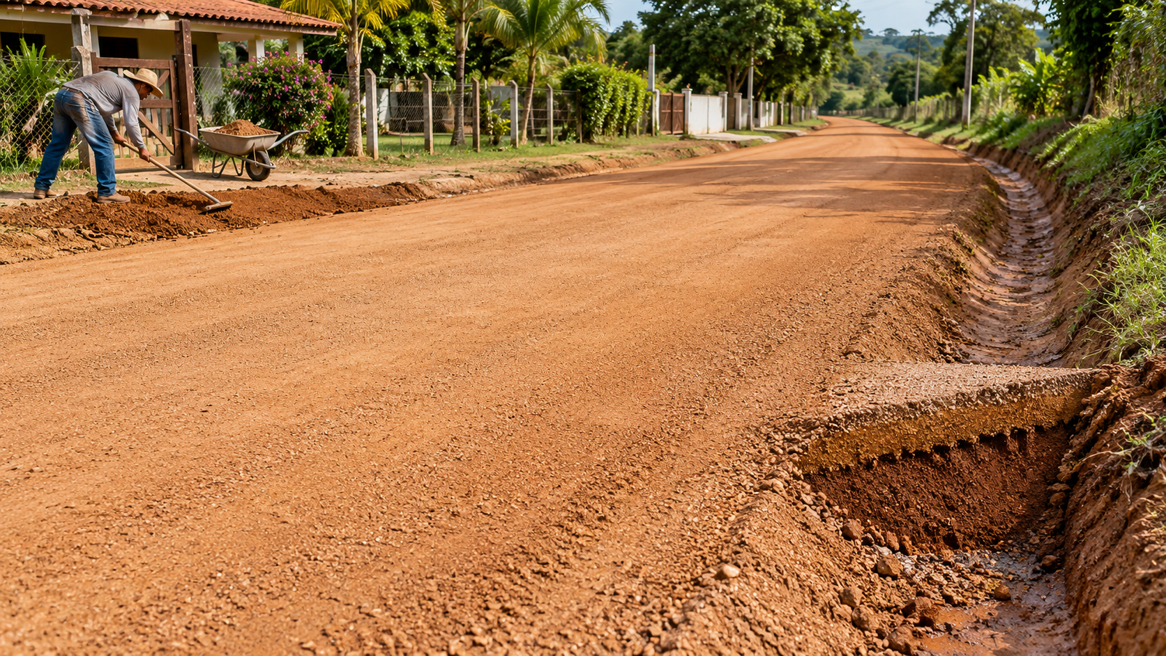 Saibro: o que é, para que serve e onde é utilizado na construção 18 Via não pavimentada com saibro compactado e drenagem lateral