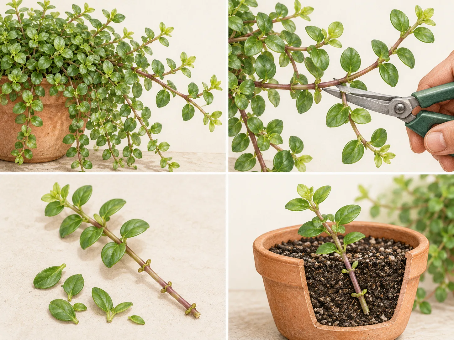 Dinheiro-em-penca: como cuidar, regar e fazer mudas 5 Ilustração em quatro etapas mostrando como cortar e plantar estacas de dinheiro-em-penca para produzir mudas