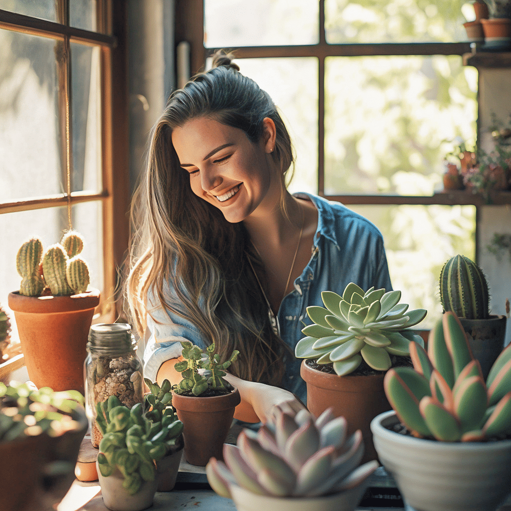 mulher feliz cuidando das suculentas