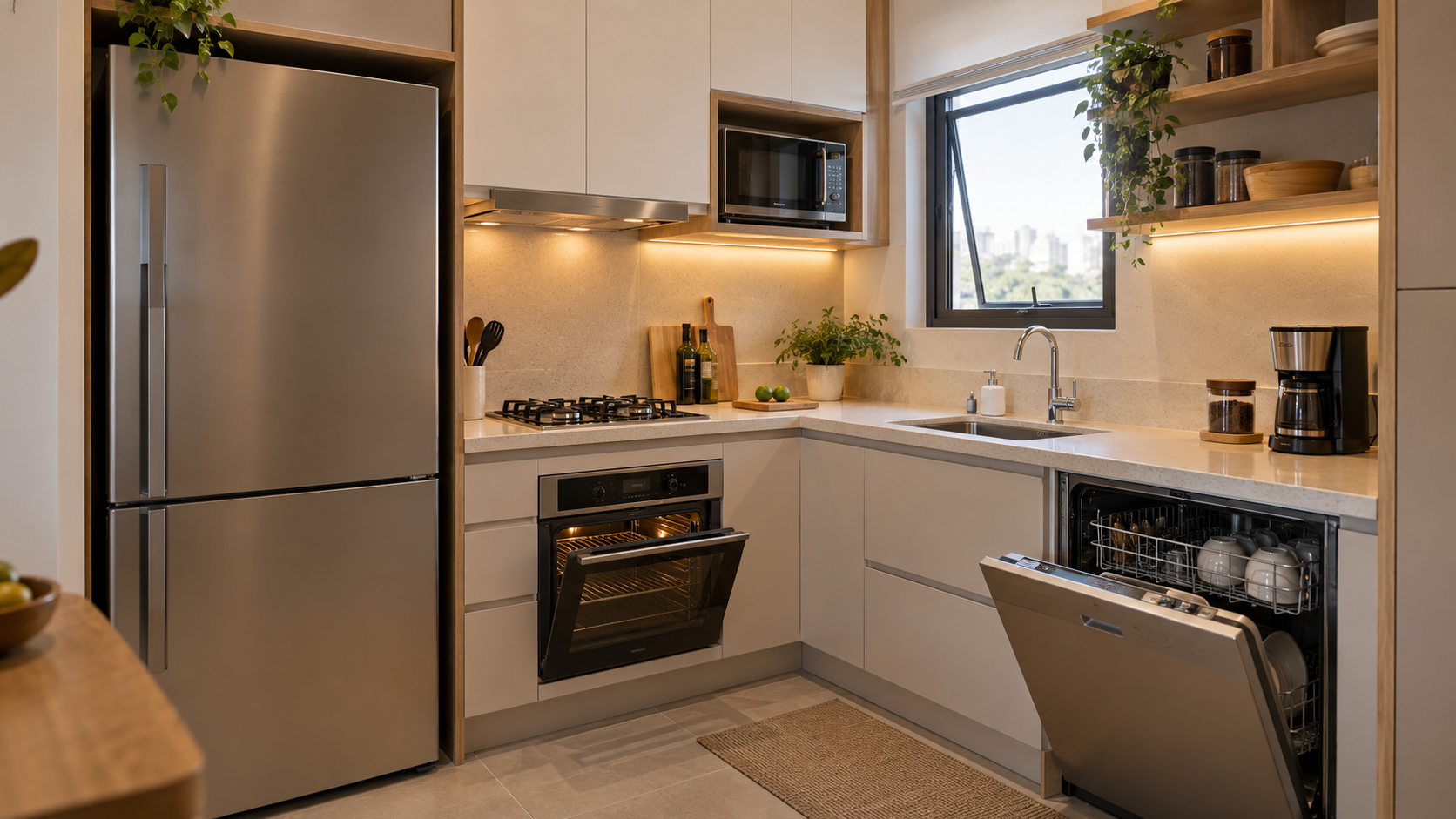 Cozinha pequena com geladeira, cooktop, forno e lava-louças compactos bem distribuídos