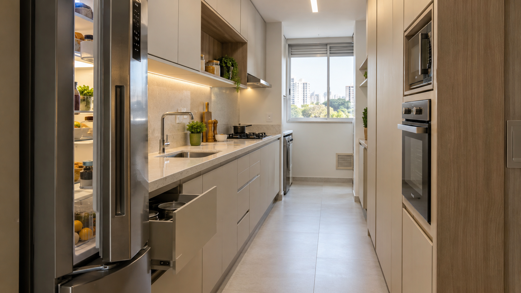 Cozinha pequena em corredor com circulação livre entre bancadas e eletrodomésticos