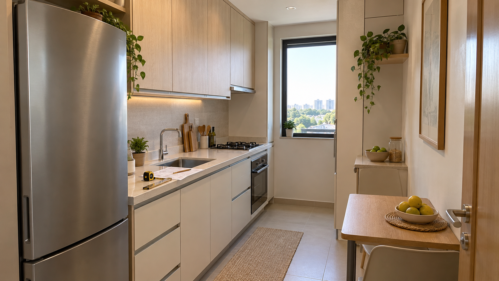 Cozinha pequena planejada com trena, planta baixa e eletrodomésticos em proporção realista