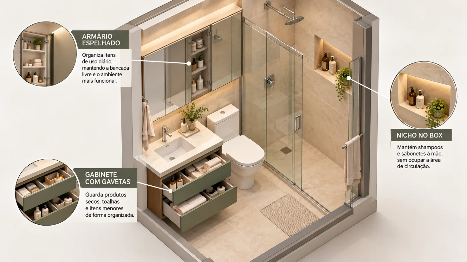 Banheiro pequeno e chique: 9 ideias para um espaço sofisticado 7 Axonométrica de banheiro pequeno mostrando gabinete com gavetas, armário espelhado e nicho no box