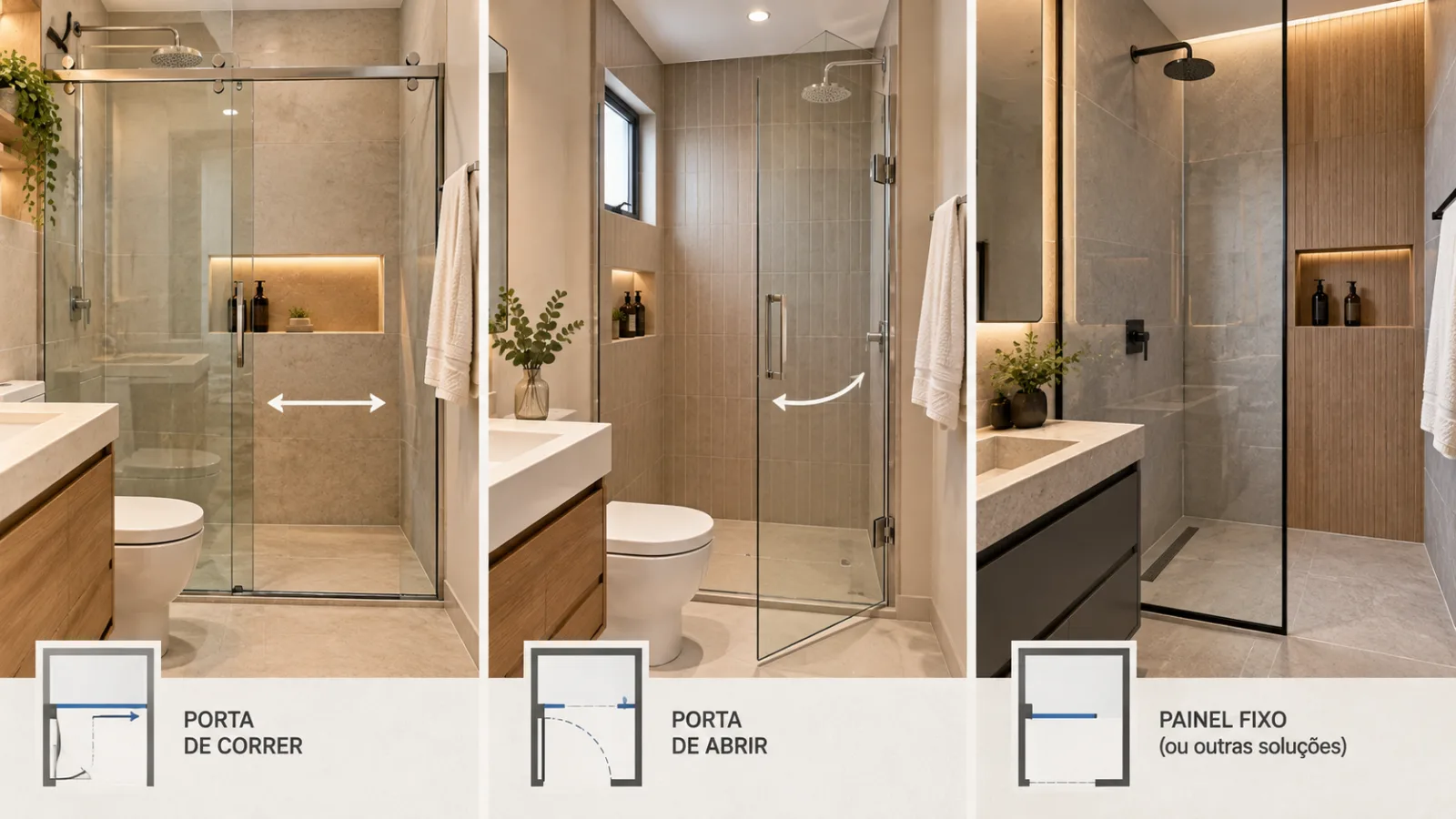Banheiro pequeno e chique: 9 ideias para um espaço sofisticado 6 Comparação em planta de banheiro pequeno com box de porta de abrir e porta de correr, mostrando o espaço de movimentação