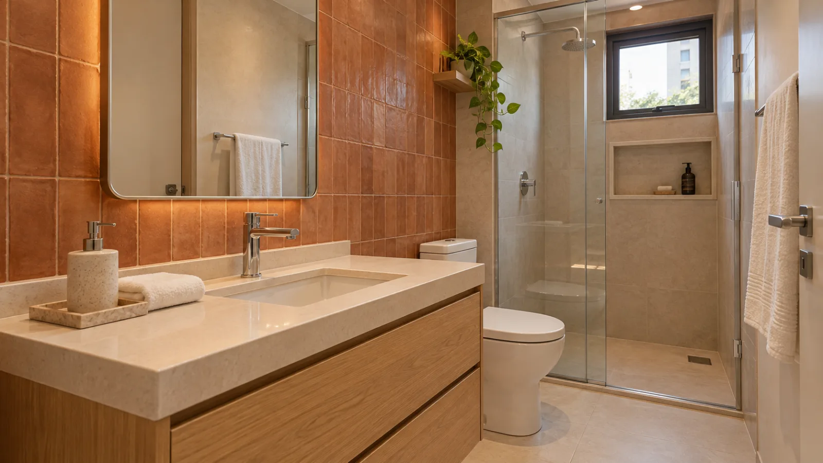 Banheiro pequeno e chique: 9 ideias para um espaço sofisticado 9 Banheiro pequeno e chique com revestimento terracota, gabinete de madeira clara, bancada off-white e planta decorativa