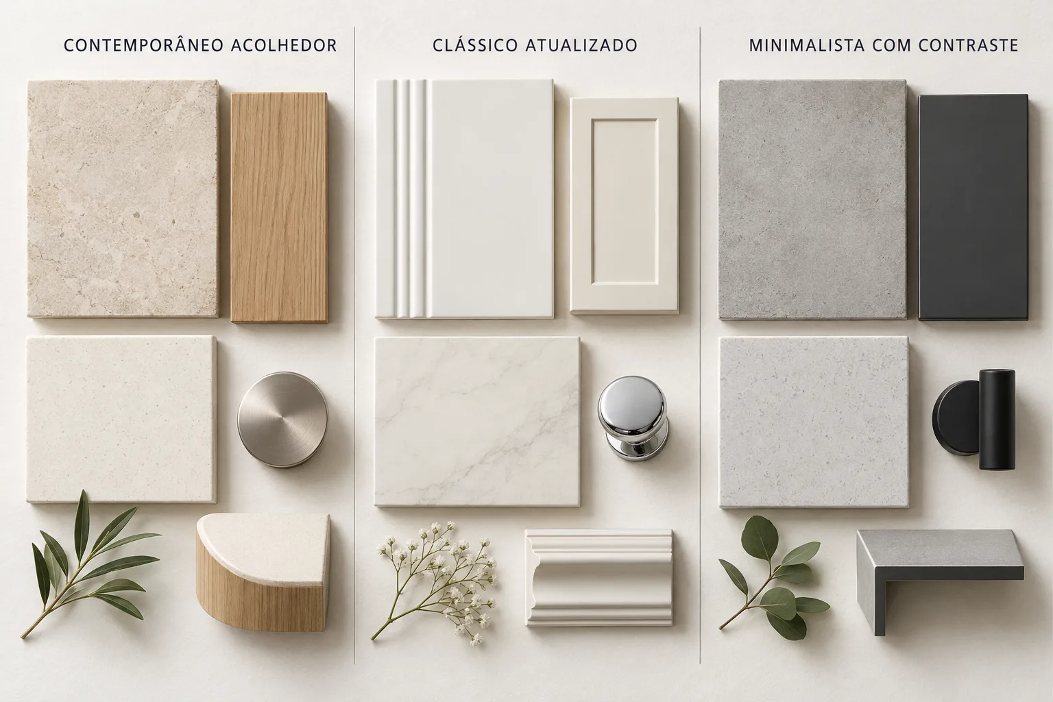 Banheiro pequeno e chique: 9 ideias para um espaço sofisticado 10 Moodboard de três estilos para banheiro pequeno: contemporâneo acolhedor, clássico atualizado e minimalista com contraste