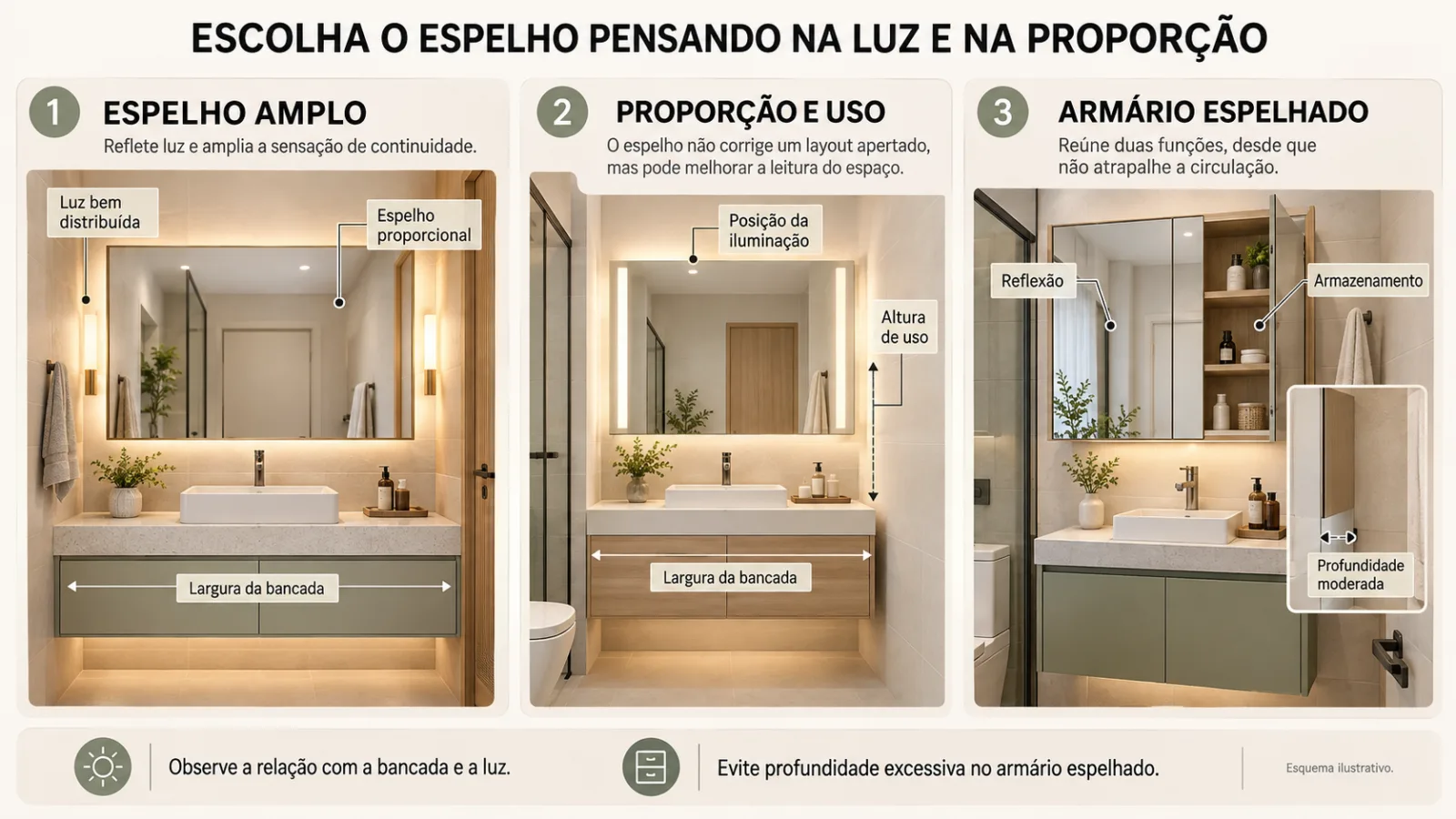 Banheiro pequeno e chique: 9 ideias para um espaço sofisticado 4 Infográfico mostrando espelho amplo, iluminação lateral e armário espelhado em banheiro pequeno, destacando proporção, luz e armazenamento.
