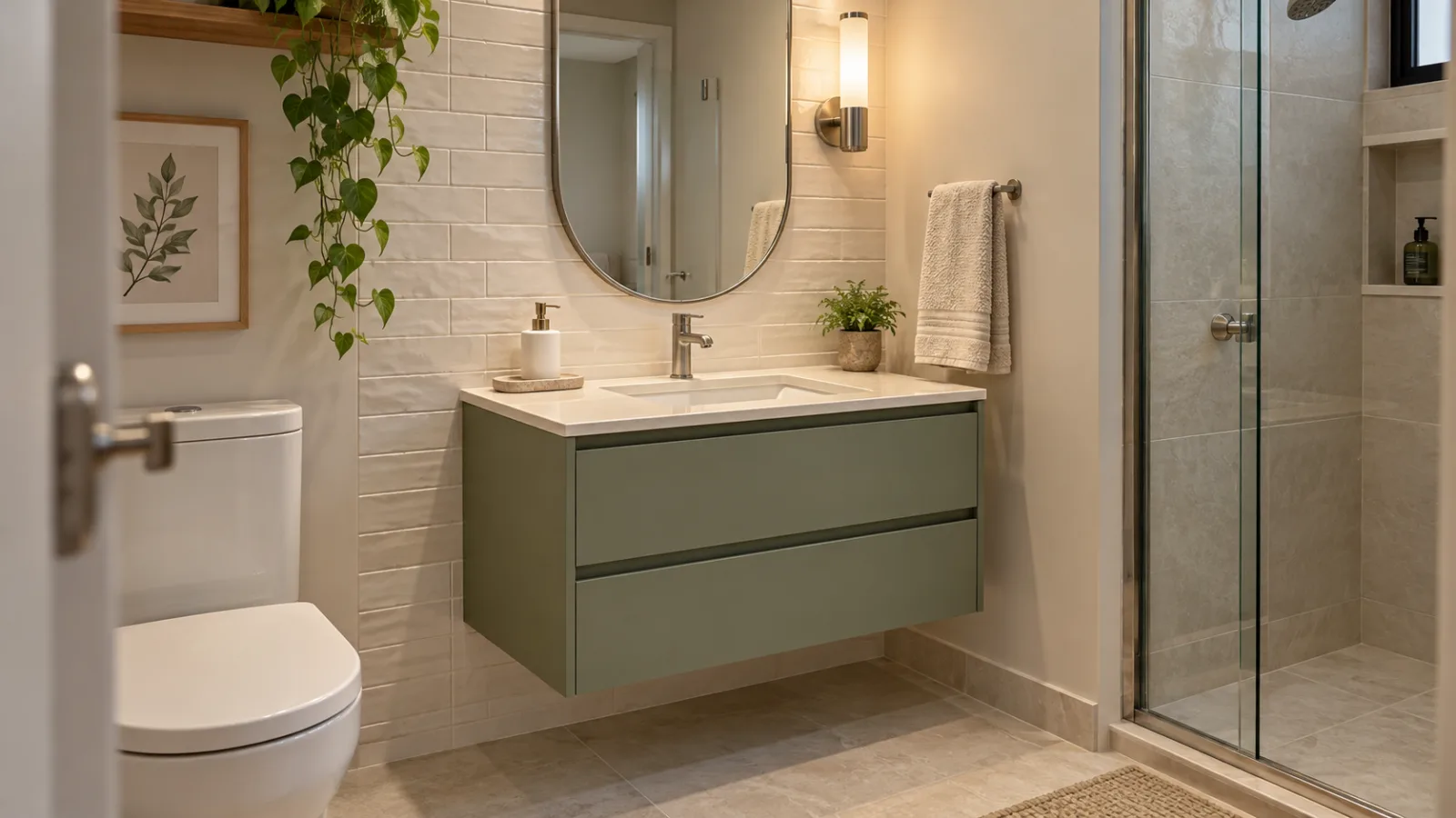 Banheiro pequeno e chique: 9 ideias para um espaço sofisticado 3 Banheiro pequeno com gabinete suspenso verde-sálvia, gavetas, bancada clara e espelho oval